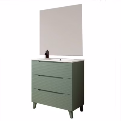 Meuble de salle de bain avec vasque, miroir et applique LED BOREAL 80×45 cm finition VERT LAC mat 3 tiroirs avec pieds Kibath