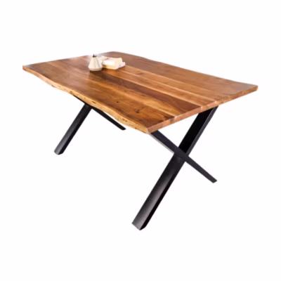 Table de salle à manger ARKAYA  Bois massif dacacia verni et pieds en métal noir en X  160 cm  Style industriel