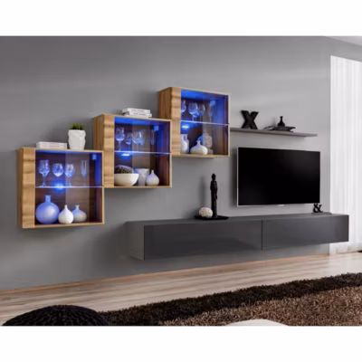 Meuble TV Mural Design « Switch XX » 330cm Gris & Naturel