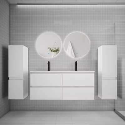 Ensemble meuble de salle de bain et lavabo blanc (L.120cm) 4 tiroirs + meuble haut x2 + lavabo + miroir rond LED x2