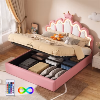 Lit adulte lit 140×200 cm lit rembourré lit de princesse éclairage d&rsquo;ambiance réglable lit double pu rose