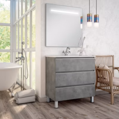 Meuble de salle de bain simple vasque – 3 tiroirs – PALMA et miroir Led STAM – ciment (gris) – 70cm