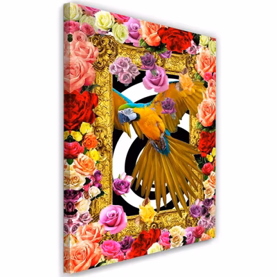 Tableau sur toile, Perroquet Fleurs colorées Roses 70×100 cm