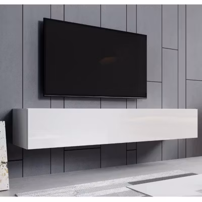 Meuble TV suspendu blanc brillant – 1 porte, 3 compart. – MDF/mélamine – L180 x P30 x H40 cm