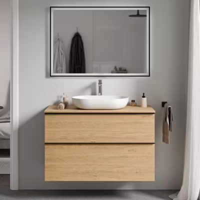 Meuble sous vasque suspendu MDF Chêne miel, plan vasque Chêne miel, poignée Noir mat – 100x46x62cm – LAVOA