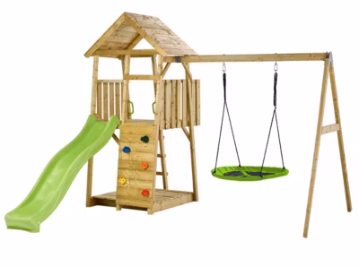 Aire de jeux bois, 2 balançoires, nid, toboggan, escalade, bac à sable WOODI