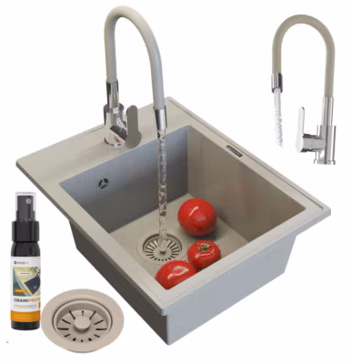 Évier en Granit Noir Granitan 1 Bac avec Robinet et Siphon – Ensemble Complet
