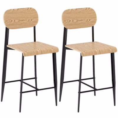 Lot de 2 tabourets de bar chaises de bar design structure acier noir assise dossier effet bois clair