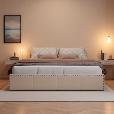 Lit coffre 140×200 cm velours beige, tête de lit rembourrée avec LED, rangement hydraulique, cadreReproductioné de clous en métal