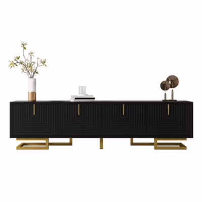 Meuble TV lowboard portes texture mobilier TV poignees pieds dores design elegant moderne pour interieur