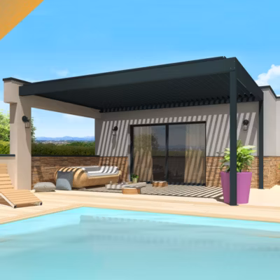 Pergola bioclimatique SPINELLE 4,50×3,062 M Double vérin à Télécommande + LED (Mixte – Armature gris anthracite, lames blanc)