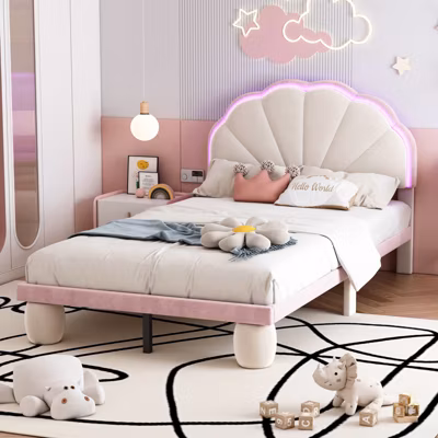 Lit simple d&rsquo;enfant 90x200cm avec bandes lumineuses LED, lit plat velours avec sommier à lattes et tête de lit ondulée, beige+rose
