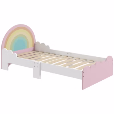 Lit enfant design girly motifs arc en ciel, nuages – sommier à lattes inclus – MDF contreplaqué rose blanc