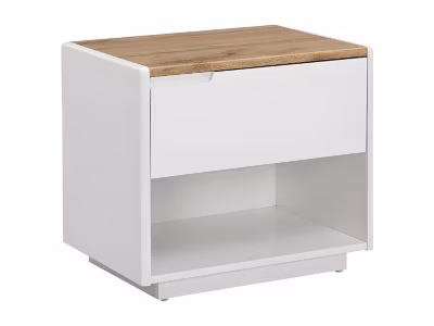 Table de chevet – 1 tiroir et 1 niche – MDF – Blanc laqué et Chêne – AMANI