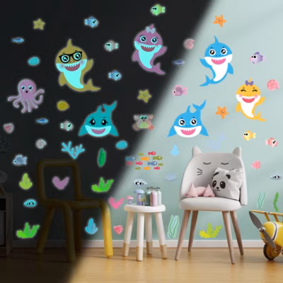 Sticker phosphorescent lumineux – ANIMAUX MARINS – Autocollant mural plafond enfant fluorescent – 160x120cm