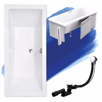 Baignoire rectangulaire 180 x 80 QUADRO acrylique blanc + Habillage en polystyrène + Pieds + Vidage à chromé