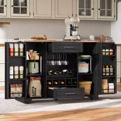Îlot de Cuisine – Desserte de Cuisine avec Plateau Rabattable et Étagères – Porte-Serviettes Intégré MDF, 138×45/70×92 cm, Noir