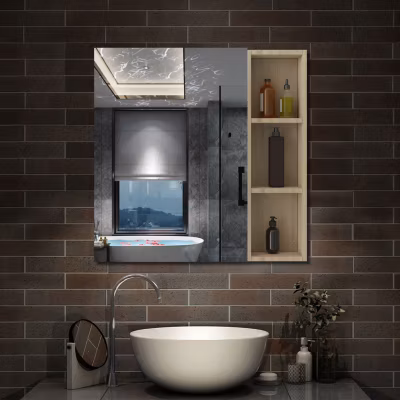 Armoire de Toilette Mural avec Miroir Niches Intégrées et Rangement Fermé – Moderne,Chêne, 60×70 cm, AICA Sanitaire