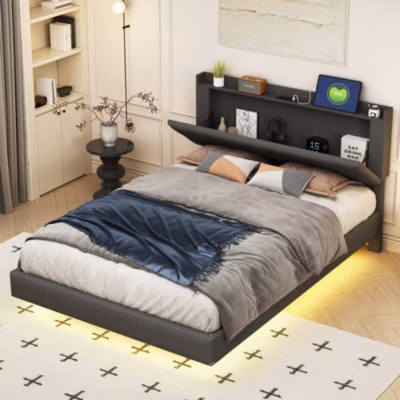 Lit 140×200 cm tapisse tissu lin gris, bande LED multicolore, port USB, coffre de rangement et tete de lit reglable