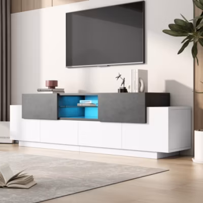 Meuble TV avec Éclairage LED, Tiroirs et Compartiments de Rangement, Panneau de Particules, Verre Trempé, Blanc/Gris,180x40x45 cm