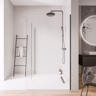 2 Parois de douche italienne d&rsquo;angle 130x200cm + 80cm, verre NANO 10mm, profilé mural inox noir mat, sans profilé sol – EX102