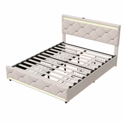 Lit Double 140x190cm Avec Tiroirs Et Rangements, Sommier à Lattes, Fonction Chargement USB, Beige