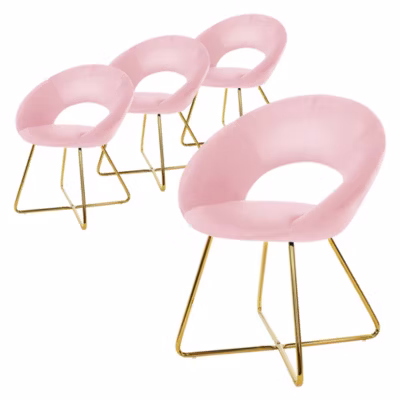 Lot de 4 chaises de salle à manger rose en velours dossier demi-coque pied doré