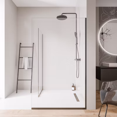2 Parois de douche italienne d&rsquo;angle 140x200cm + 90cm, verre NANO 10mm, profilé mural + sol inox noir mat – EX102