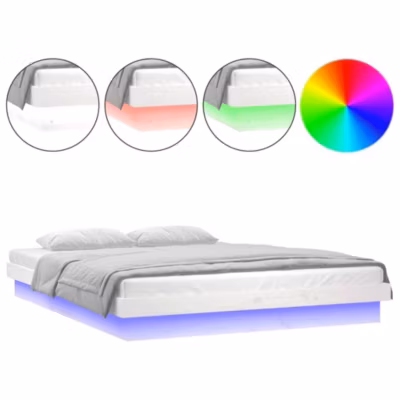 Lit double, Lit adulte, Cadre de lit à LED sans matelas blanc bois massif