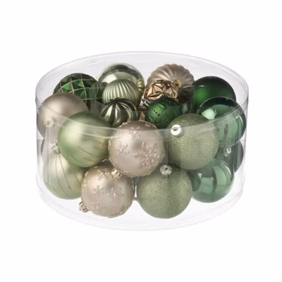 Boîte de 30 boules de Noël en plastique vert 31x31x16 cm