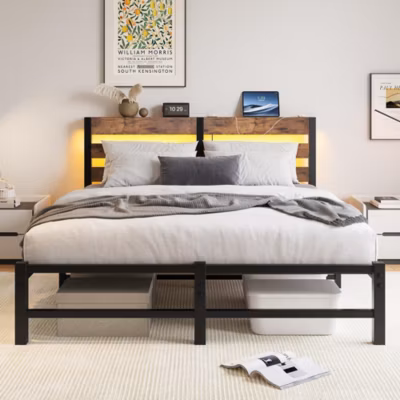 Cadre lit LED 140×200 cm, recharge USB, rangement sous matelas, métal