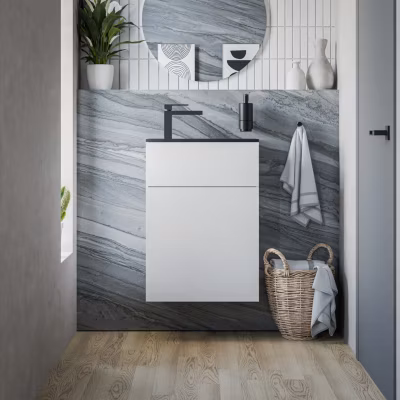 Meuble vasque suspendu MDF Blanc mat, lavabo Noir mat + trou robinet & Bonde, Charnière porte à droite – 50x26x72cm – KONDA
