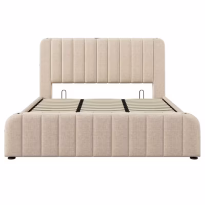 Lit Adulte 180x200cm Rembourré USB Type-C Lin Beige Blackcolors
