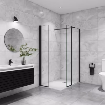Paroi de douche à l&rsquo;italienne 60x200cm avec volet et pivotante 45x200cm -verre 8mm anticalcaire – profil noir – barre incluse