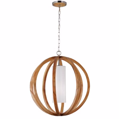 Elstead Allier – Grande suspension de plafond sphérique à 1 ampoule en acier brossé, bois clair, E27