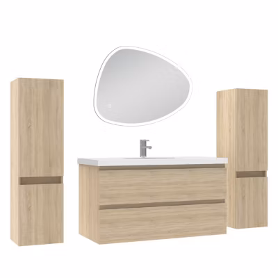 Ensemble meubles Salle de Bain 100cm colonnex2 + vasque + miroir 3 couleurs lumineux Chêne Wotan