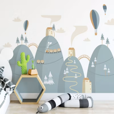 Stickers montagnes scandinaves montgolfières haut dans le ciel 90 x 135 cm