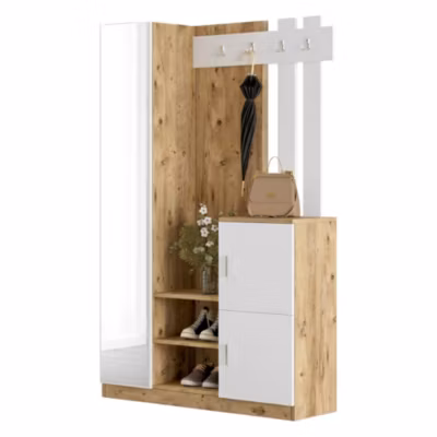 Meuble d&rsquo;entrée Dgagn, Crochet d&rsquo;entrée, Console de rangement multifonction, 114x38h180 cm, Chêne et Blanc