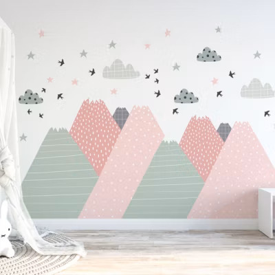 Stickers muraux enfants – Décoration chambre bébé – Autocollant Sticker mural géant enfant montagnes scandinaves BIKA – 100x150cm