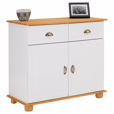 Buffet salon COLMAR L 94 cm bois massif, Blanc et brun