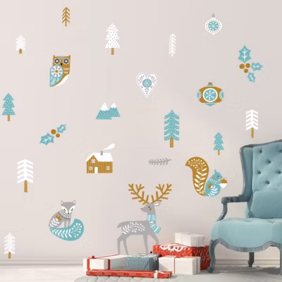 Stickers Noël cerf et renard scandinave – Autocollants stickers adhésifs noël – décoration fêtes – 80x90cm