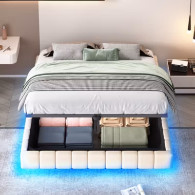 Lit 160×200 cm avec rangement hydropneumatique, cadre tapissé lin beige, effet flottant et led multicolore