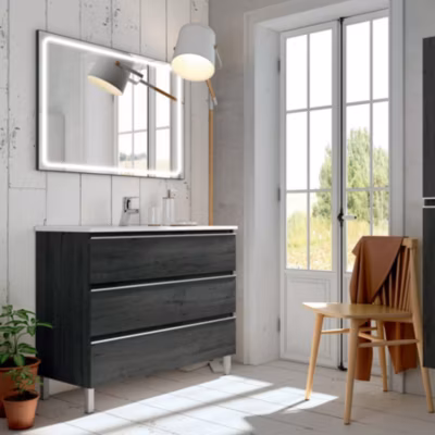 Meuble de salle de bain simple vasque – 3 tiroirs – PALMA et miroir Led VELDI – ebony (bois noir) – 80cm