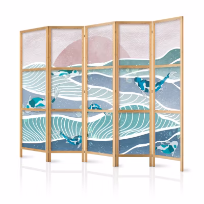 Paravent japonais -Coucher de soleil et poissons Koi au-dessus de l&rsquo;eau