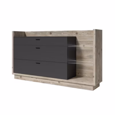 Buffet design XL 200cm. Collection CORK 3 tiroirs et étagères. Coloris pin et gris anthracite