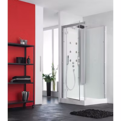 Cabine de douche hydromassante KINEDO HORIZON 80×80 hauteur receveur 14,5cm 2 portes coulissantes finition acier