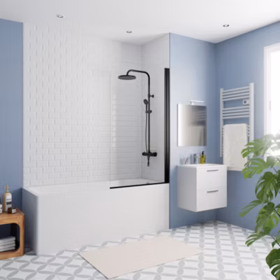 Kaldewei 170×70 cm Ensemble baignoire Eurowa universelle + Pare baignoire pivotant noir + pieds (KW312-SETP5)