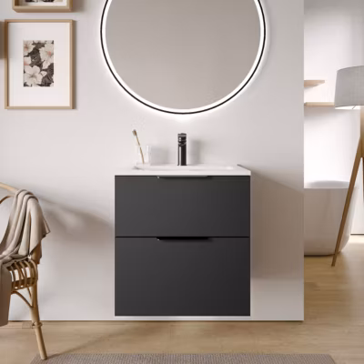 Meuble vasque Noir mat de salle de bain 60x46x62cm (LxPxH) + vasque céramique, Poignées Noir mat – TIM60
