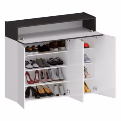 Etagere à chaussures Nick, Etagere à chaussures peu encombrante à 4 portes, 114x38h100 cm, Blanc et Ardoise