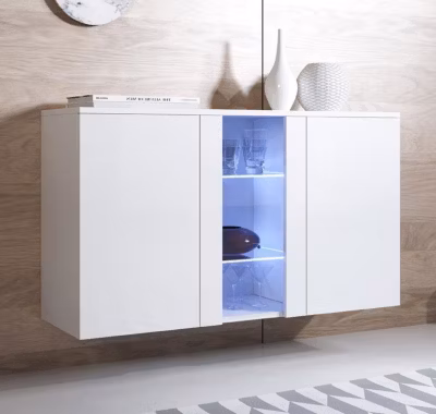 Buffet bahut moderne 3 portes blanc brillant – LED – Mélamine – 120x40x70 cm
